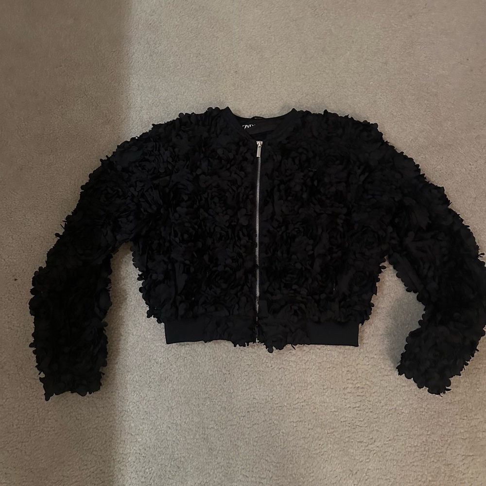 Zara Black Floral Textured Bomber Jacket